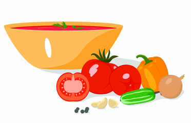 Gazpacho vector illustration on white background. A plate of tomato soup and ingredients. Tomato soup concept