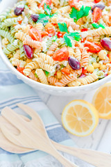 Pasta Salad in white bowl close up