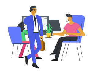 Business People Characters work in office - manager talks on the phone and employees work at the computer. Company Teamwork concept
