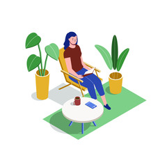 Fototapeta na wymiar A young lady reading a book at the terrace, at home. Isometric vector design. Isolated illustration on the white background.