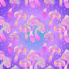 Magic mushrooms. Psychedelic hallucination. Vibrant vector illustration. 60s hippie colorful art.