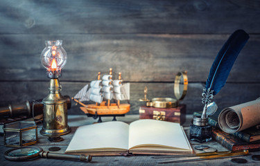 Travel and nautical theme grunge background. Old book, compass, telescope, divider, coins, shell, map, hourglass, quill pen on wood desk. Columbus Day. - obrazy, fototapety, plakaty