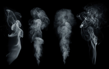 Fog or smoke, steam, vapor set isolated on black background. White cloudiness, mist or smog...