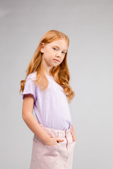red-haired long-haired girl in daily clothes (skirt, t-shirt)