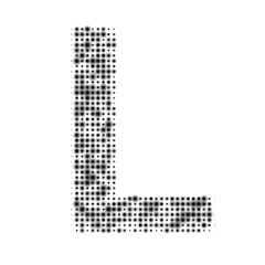 The capital letter L is evenly filled with black dots of different sizes. Some dots with shadow. Vector illustration on white background