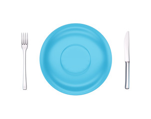 Empty blue dinner plate, fork and knife isolated on white, view from above. 3d render