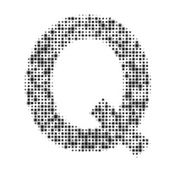 The capital letter Q is evenly filled with black dots of different sizes. Some dots with shadow. Vector illustration on white background