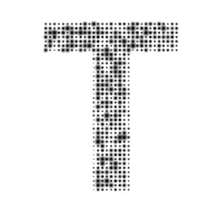 The capital letter T is evenly filled with black dots of different sizes. Some dots with shadow. Vector illustration on white background