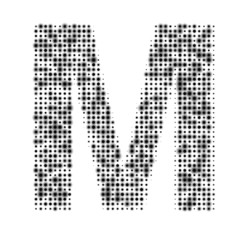 The capital letter M is evenly filled with black dots of different sizes. Some dots with shadow. Vector illustration on white background