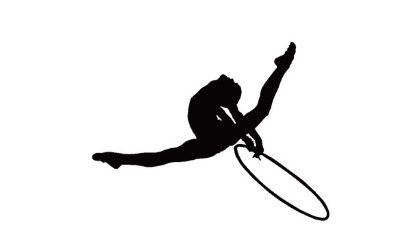 Vector image of a silhouette of a gymnast who jumps with a hoop.