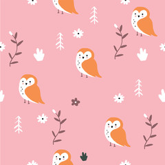 Cute pink fox forest floral pattern.