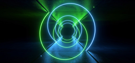 Neon Glowing Sci Fi Cyber Synth Wave Green Blue Spiral Glowing Concrete Grunge Underground Floor Showroom Hallway Garage Tunnel Space Ship 3D Rendering