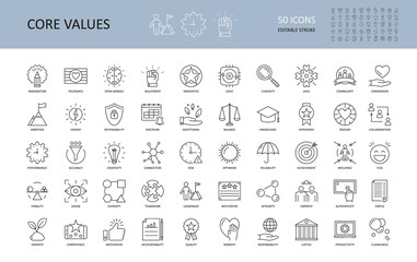 Vector icon core values. Set 50 icons with editable stroke. Values of business company and person. The logic of imagination tolerance willpower open-minded innovative. Curiosity community dependabilit - 353476049