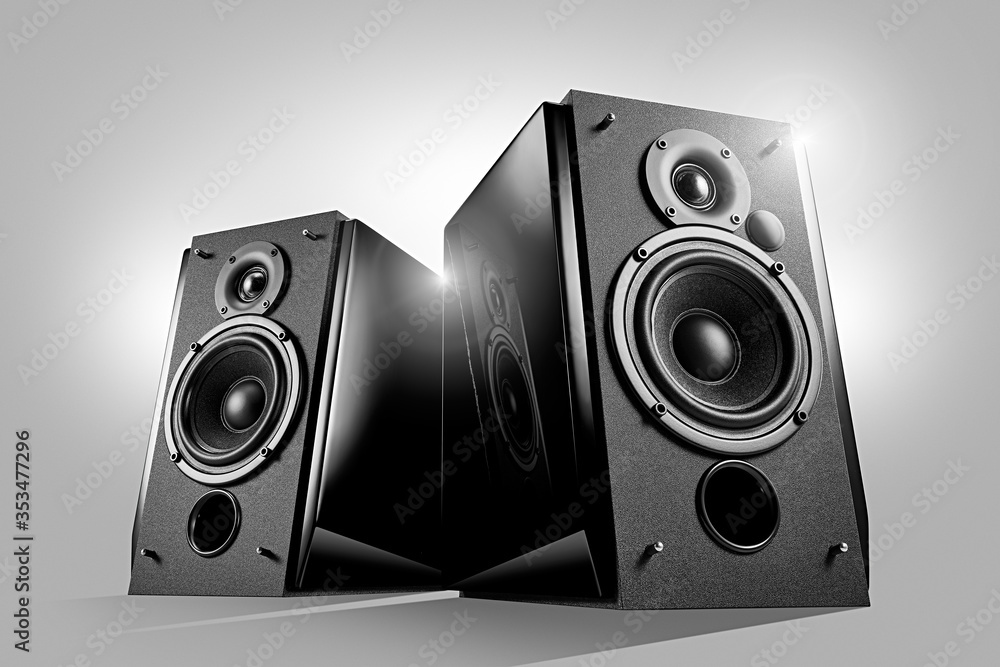 Wall mural black glossy music speakers on light grey background. hero view shot. audio technics. reflection in 