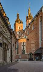 Mariacki square and St Mary's church in the morning, Krakow, Poland