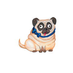 Portrait of hipster pug wearing a glasses and tie bow. engraved detailed dog illustration. Hand drawn. Colored. Good for clothing print, poster, pet shop flyer, party banner. Be a gentleman