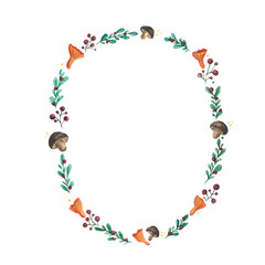 Colorful autumn wreath with autumn leaves,mushroomsColorful illustration.Perfect for wedding,frame,quote,pattern,greeting card