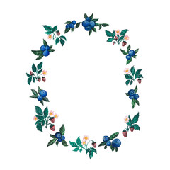 Obraz premium Round Wreath with Watercolor Dark Berries and Little Light Green Leaves