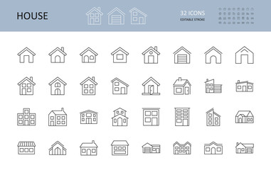 Vector house icons. Editable Stroke. The buildings are one and two-story, with a garage, a chimney. Door windows - 353477641