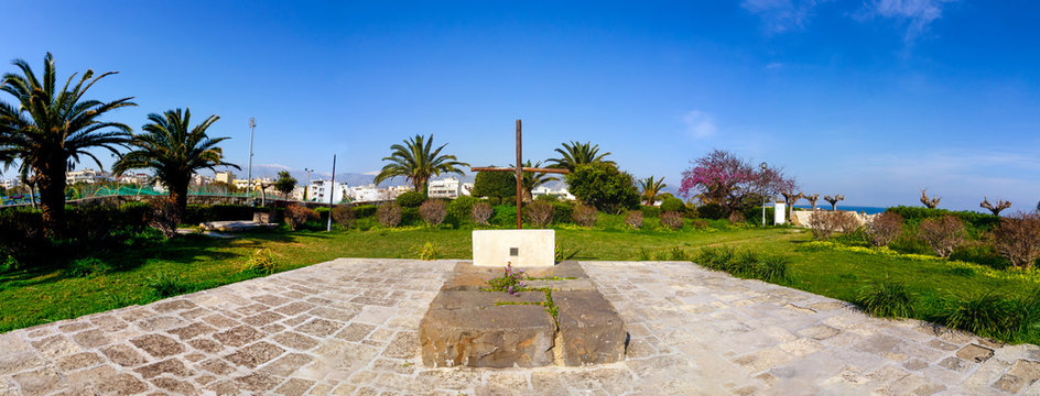 Heraklion, Crete / Greece. Panoramic view of the tomb of the famous greek writer and philosopher Nikos Kazantzakis on top of the old Venetian fortification walls south of the city. Martinengo Bastion.