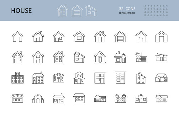 Vector house icons. Editable Stroke. The buildings are one and two-story, with a garage, a chimney. Door windows