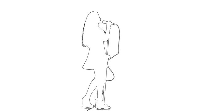Outline sketch of woman sing song at microphone. White background. Silhouette