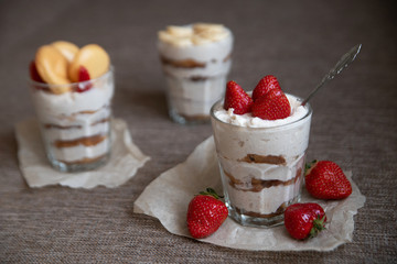 Three types of homemade tiramisu without sugar decorated differently. Healthy eating. Home cooking. We cook in self-isolation. Diet. Low in calories.