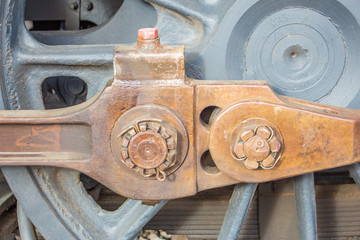The old iron railway steam locomotive wheels and rods closeup detail