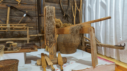 Set of old and oxide tools for agriculture and household in a farm. Antique, rusty. Countryside concept.