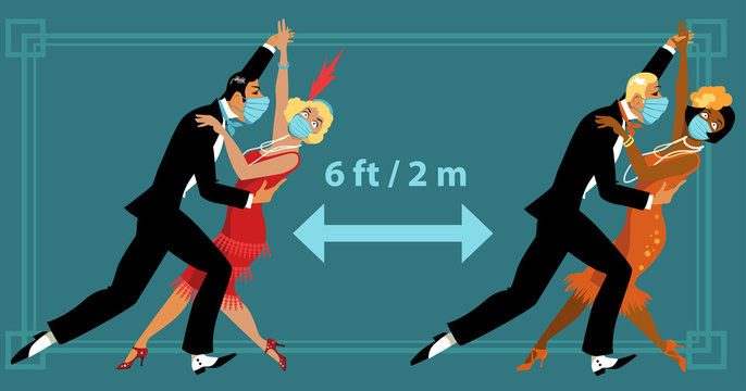 Coupleы dressed in vintage twenties fashion and protective face masks dancing 6 feet apart to prevent spread of virus, EPS 8 vector illustration  