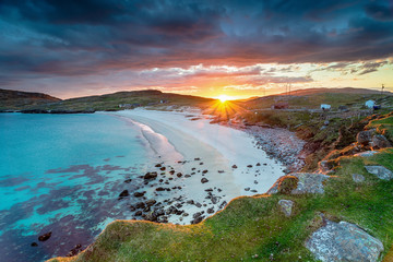 Beautiful sunset over the white sandy beach at Hushinish