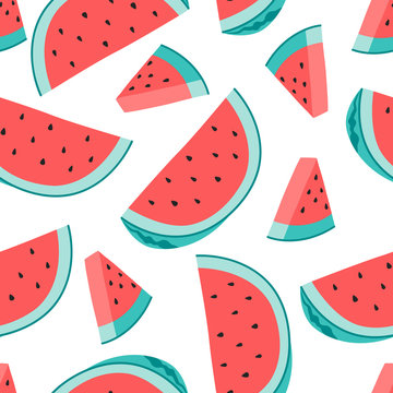Fresh watermelon seamless pattern, hand drawn concept of whole and slice of fruit. Vector illustration, flat cartoon style on isolated background. 