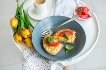 egg and cheese sandwich.romantic breakfast