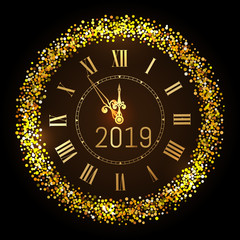 Fototapeta premium Happy New Year 2019 - New Year Shining luxury premium background with gold clock and glitter decoration. Time twelve o'clock. Vector winter holiday greeting card design template celebration party