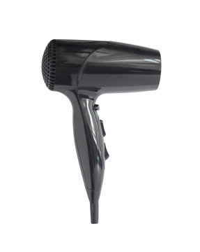 Top View Of Black Hair Dryer Isolated On White Background. Beauty Device For Hair Styling