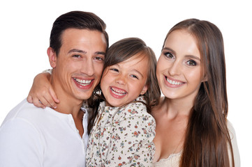 Portrait of happy beautiful family of three posing on white background
