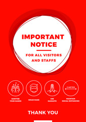Important Notice for all staff & visitors - Covid-19 safety measures and precautions warning symbol poster suitable for print(Red) - Covid poster