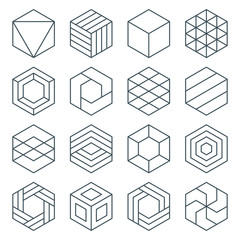 thin line hexagon symbol icon set. linear hexagonal logo. isometric cube. impossible geometric shape. optical illusion geometry. editable stroke. isolated on white background. vector illustration