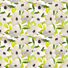 Watercolor seamless pattern with anemonе and leaves on a white background. A print with white anemonе and herbs is suitable for fabrics, wrapping paper and wallpapers.
