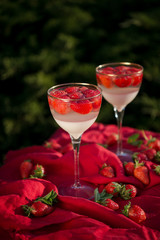 Fresh strawberry jelly on old wooden background. Tasty healthy vegetarian dessert sugar free. 
