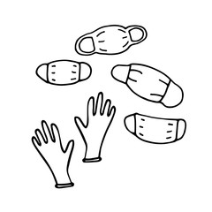 Medical protective doodle set. Hand drawn masks, gloves. Means of Hand and face protection against viruses, dirt, bacteria, germs. Vector outline Symbol cleanliness, sterility, sanitizer collection