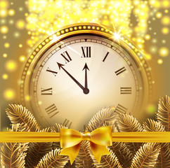Obraz na płótnie Canvas Twelve o'Clock on New Year's Eve in colored gold glittered background with gold bow and fir tree branches