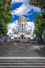 Fototapeta na wymiar Exterior view of St Alexander Nevsky cathedral in Kamianets Podilskyi city in Khmelnytskyi Oblast, Ukraine