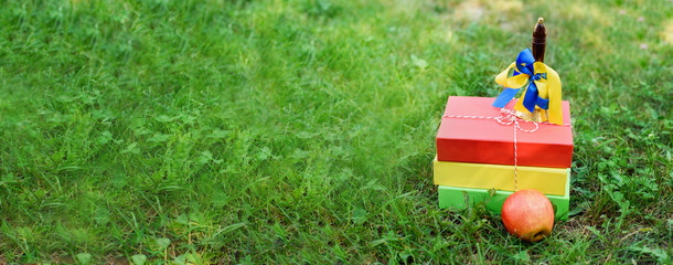 Back to school concept. books, bell and apple on green grass. Farewell Bell. day of knowledge. beginning of school year.
