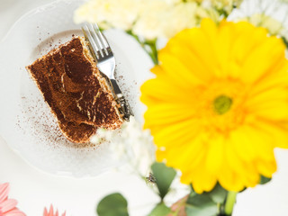 Traditional coffee tiramisu dessert with mascarpone cheese and cocoa powder served on plates on white wooden table