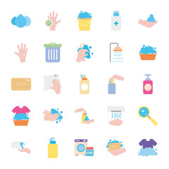 cleaning bucket and hygiene icon set, flat style