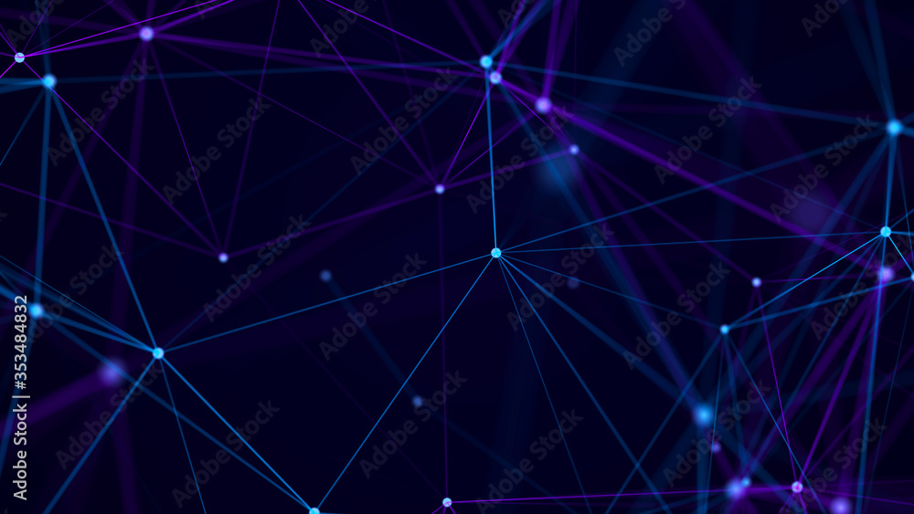 Poster Abstract background with interweaving of colored lines and dots. Network connection structure. Data exchange. 3D