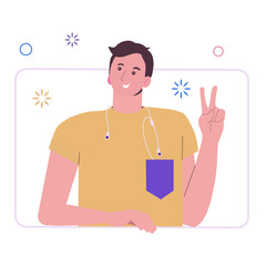 Fototapeta na wymiar Chat with friends. Correspondence with a guy. Video calls and online chat. Remote work at home. The man greets with gestures. Vector flat illustration