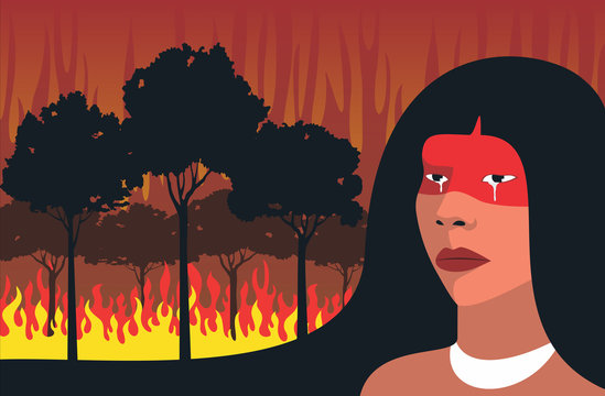 Amazônia em chamas - incêndio na floresta, destruição do meio ambiente e dos índios do Brasil
