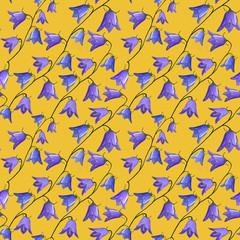 seamless pattern with bellflowers campanula flowers on yellow background. Floral background in gouache. Holidays presents and gifts wrapping paper For textiles,packaging,fabric,wallpaper